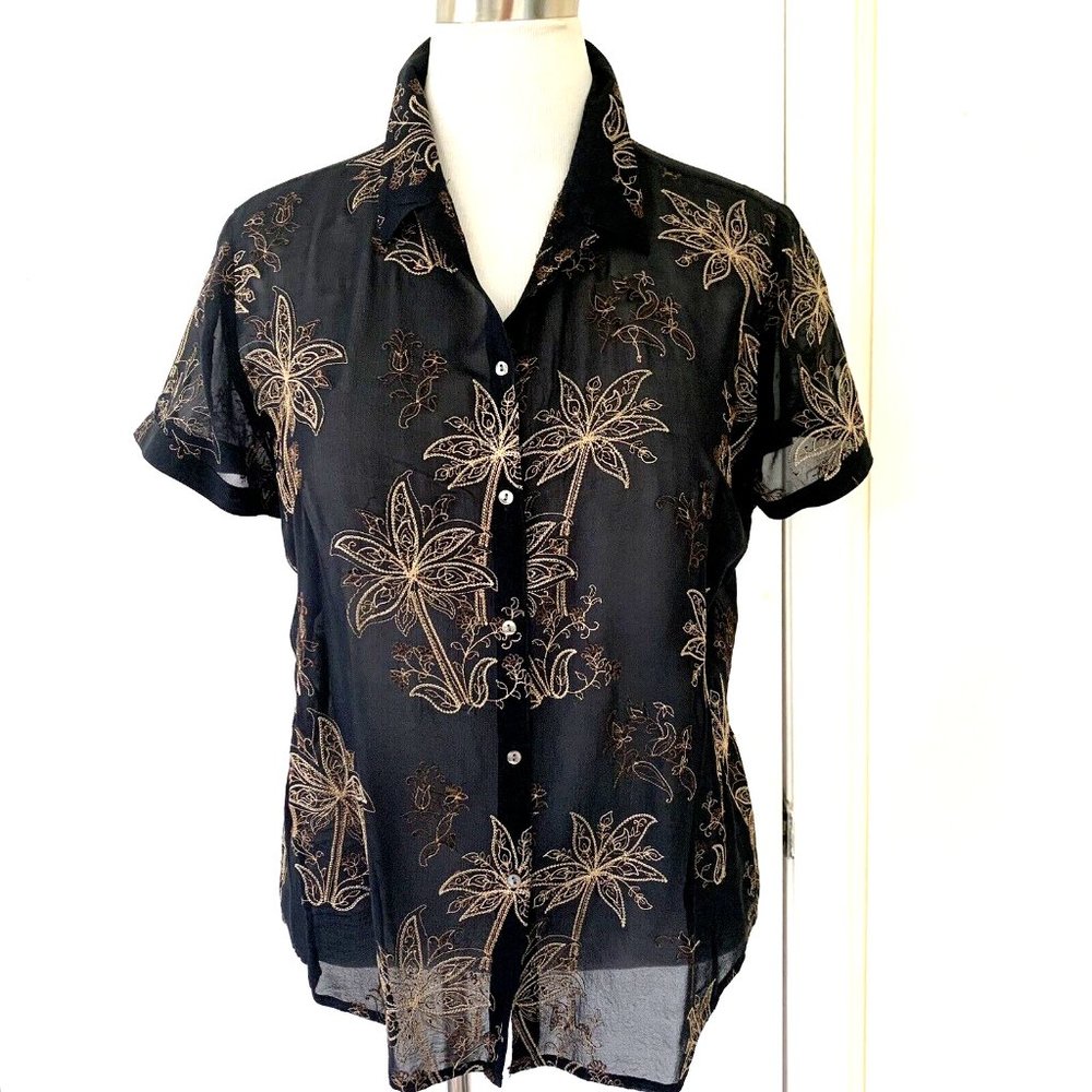 Tommy Bahama Black Embroidered Silk Blouse Size Xl (16)